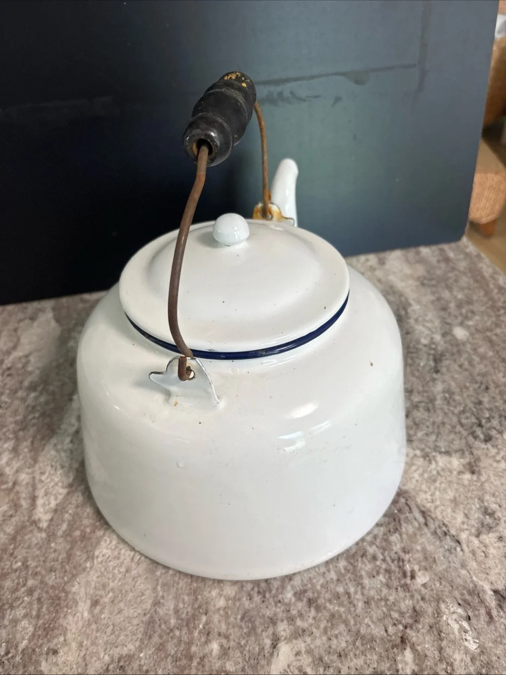 Vintage Large Enamel Tea Kettle Pot White  Ware W/ Wood Handle, Lid Farmhouse